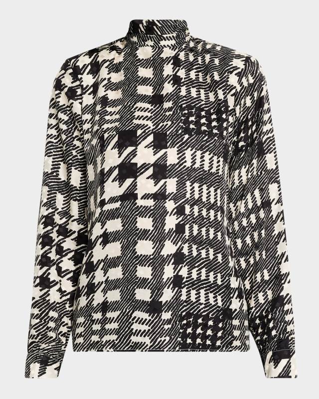 Bianca Peggys Houndstooth-Print Neck-Tie Silk Blous